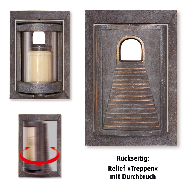 Bronzová náhrobní lampáš s reliéfem schodů, 21×14×9 cm