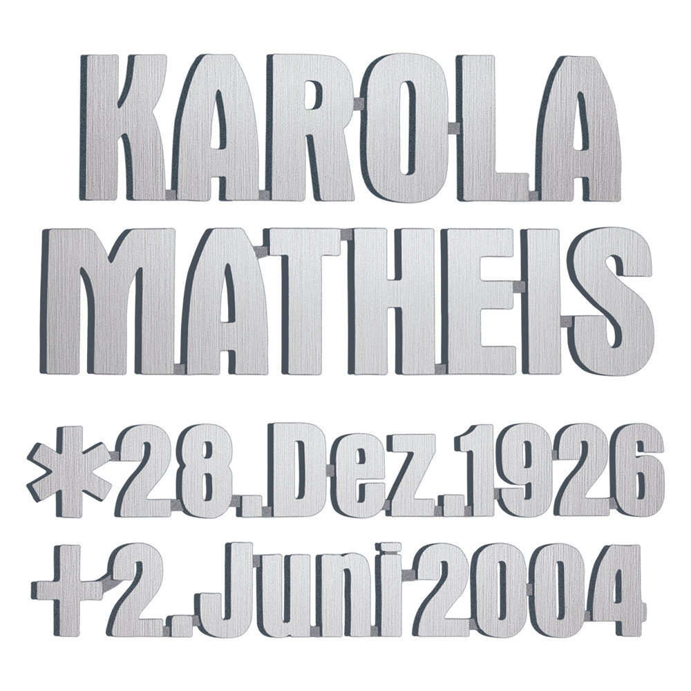 Bronzový nápis Matheis na náhrobek, 4–8 mm