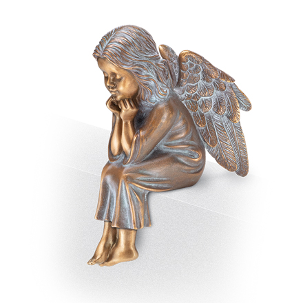 Bronzový sedící anděl na náhrobek, 14,5×6,5×10 cm nebo 19,5×9×14 cm
