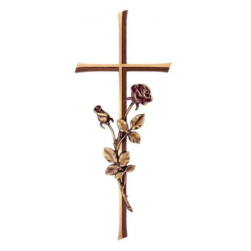 [ST-34340] Náhrobní kříž Kursiva s růží, bronz, 30×13 cm nebo 40×15 cm
