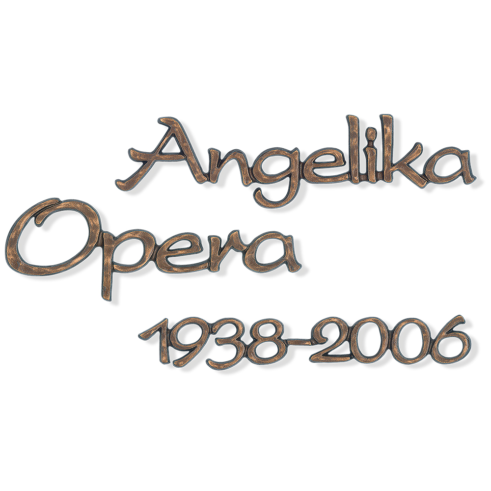 Náhrobní nápis Opera z bronzu a hliníku